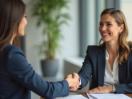Two professional women shaking hands in business meeting
